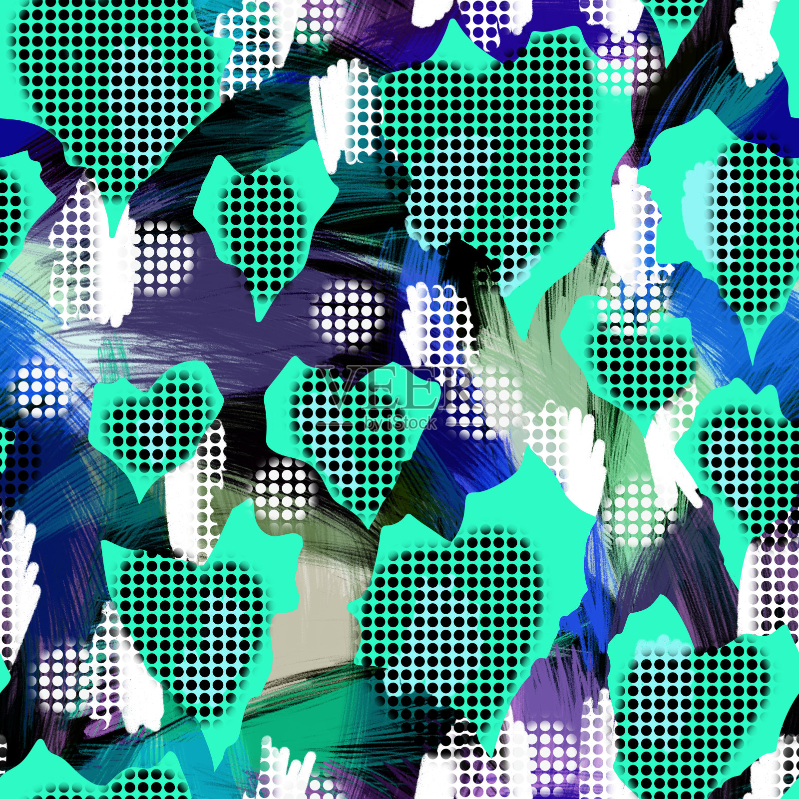 伪装无缝的背景。带有抽象粗糙形状和点结构的光栅图案。弯曲的线条纹理。现代艺术。复杂的叠加背景。带有斑点的时尚迷彩色块。插画图片素材