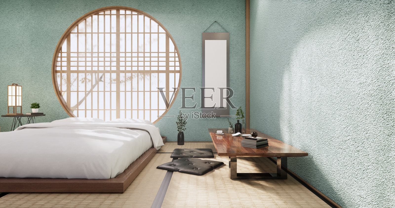 卧室薄荷色，日式极简主义风格。三维渲染照片摄影图片