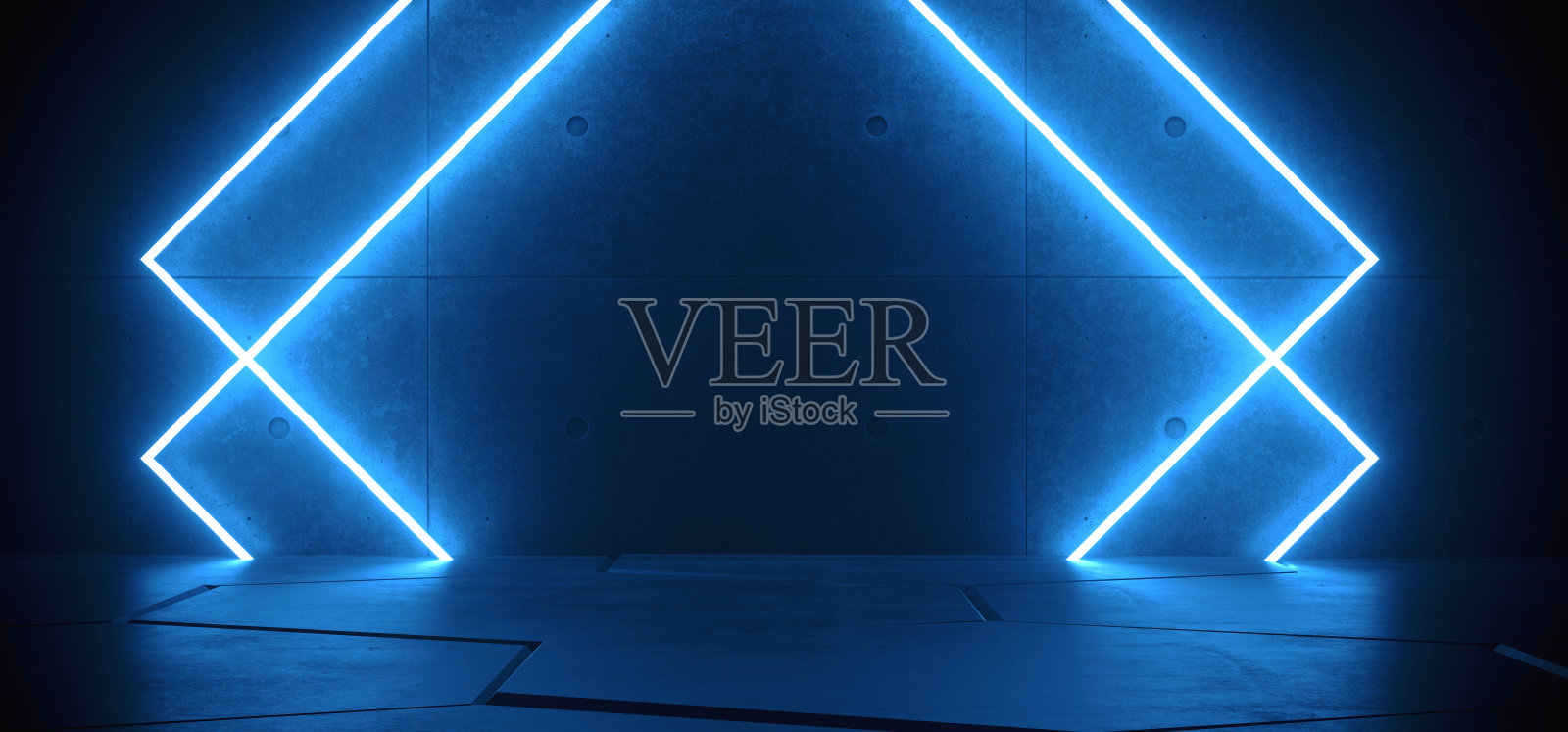 霓虹科学Fi发光梯度蓝色激光复古未来主义矩形框架形光在混凝土瓷砖墙水泥混凝土光滑地板黑暗隧道房间三维渲染照片摄影图片