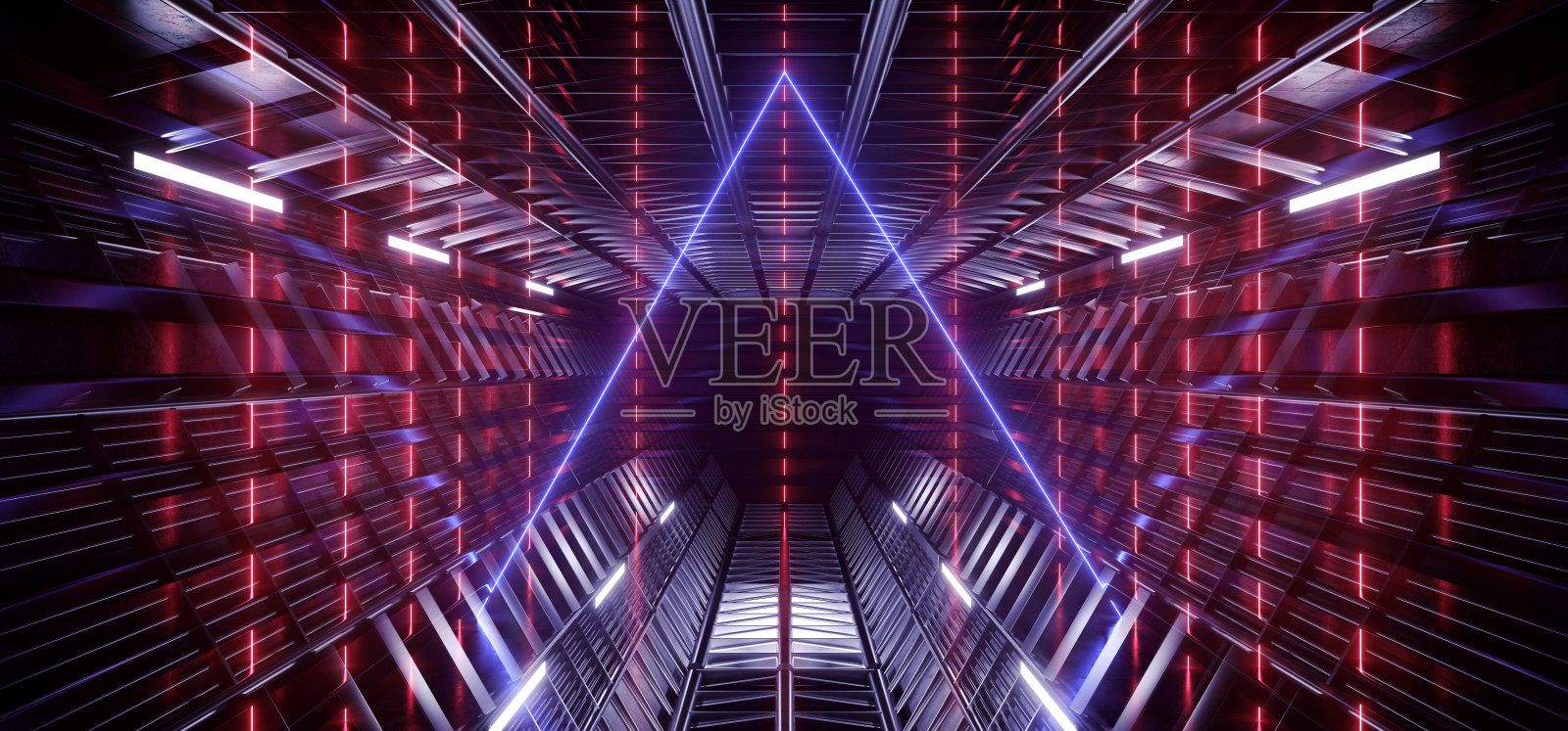 三角形霓虹激光荧光紫红蓝发光科幻未来仓库机库飞船现实展厅钢金属框架走廊隧道黑暗地下地下室三维渲染照片摄影图片