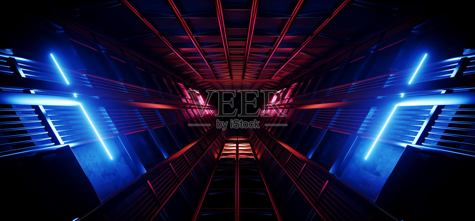 三角形霓虹激光荧光紫红蓝发光科幻未来仓库机库飞船现实展厅钢金属框架走廊隧道黑暗地下地下室三维渲染照片摄影图片