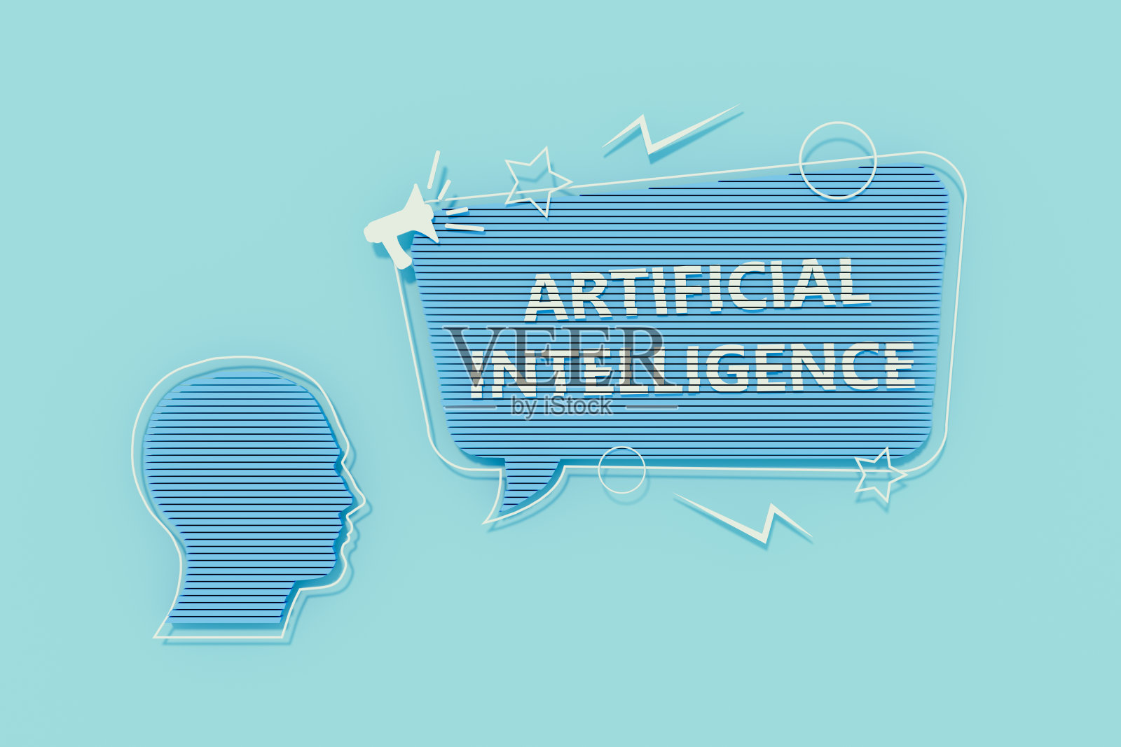 人工智能信息在语音气泡和人的头部在蓝色背景照片摄影图片