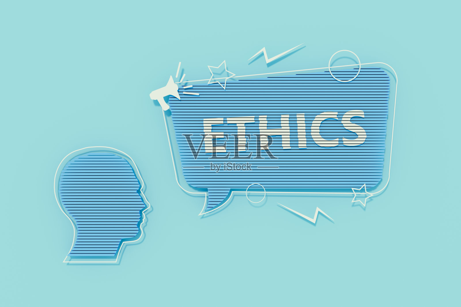 道德信息在讲话气泡和人的头部蓝色背景照片摄影图片