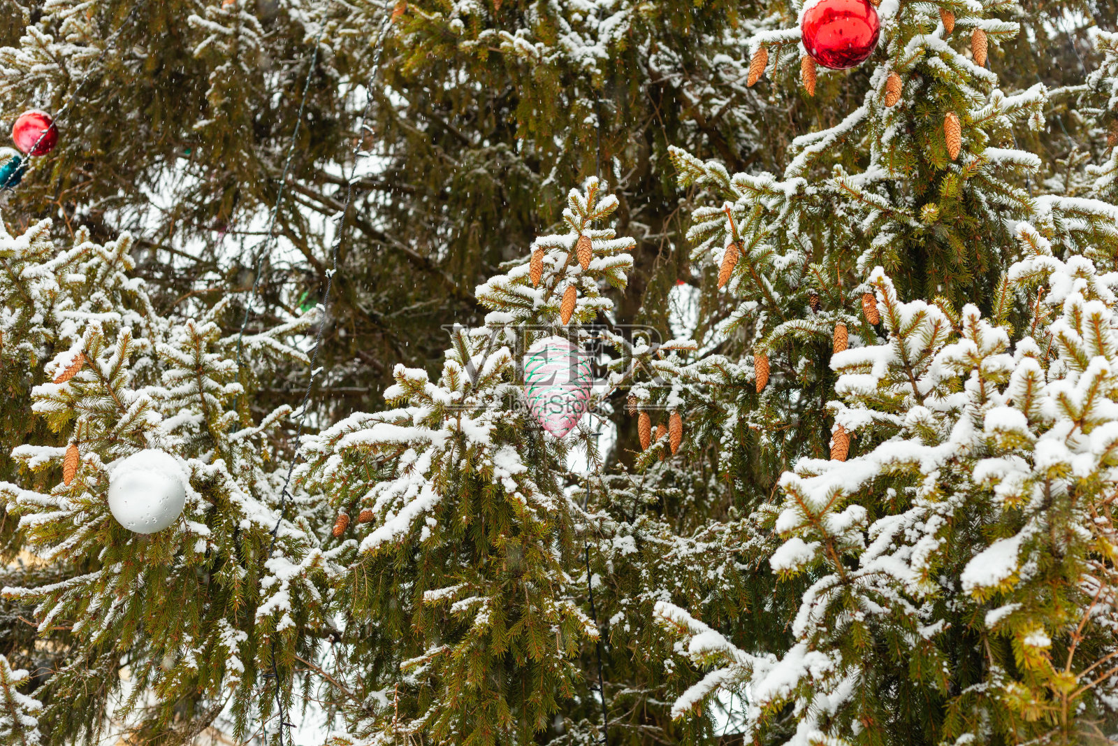 白雪覆盖的圣诞树的树枝上挂着五颜六色的玩具。白色,红色,黄色照片摄影图片