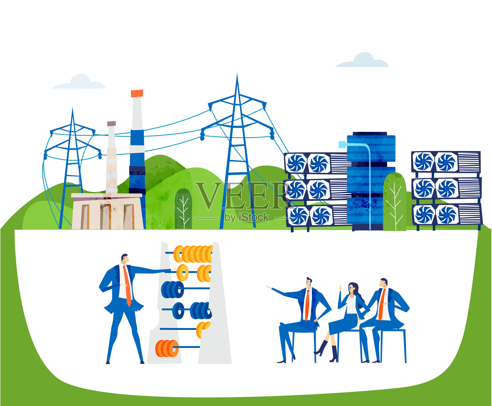 商业人士计算能源成本和开发项目。工业区内的高压电线和发电站。能源供应，能源危机。插画图片素材