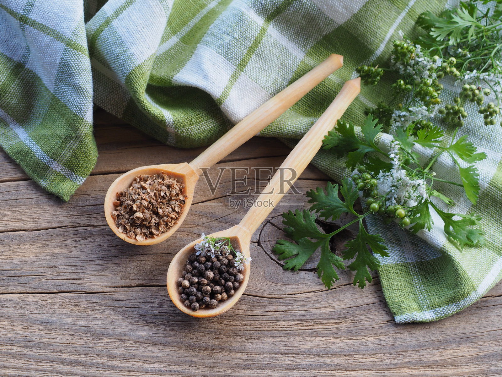 成熟的、绿色的、磨碎的种子、辛辣的草和香菜花，放在木制的勺子里，放在木制的桌子上，平面布置。药用植物芫荽，用于烹饪、医药和美容照片摄影图片