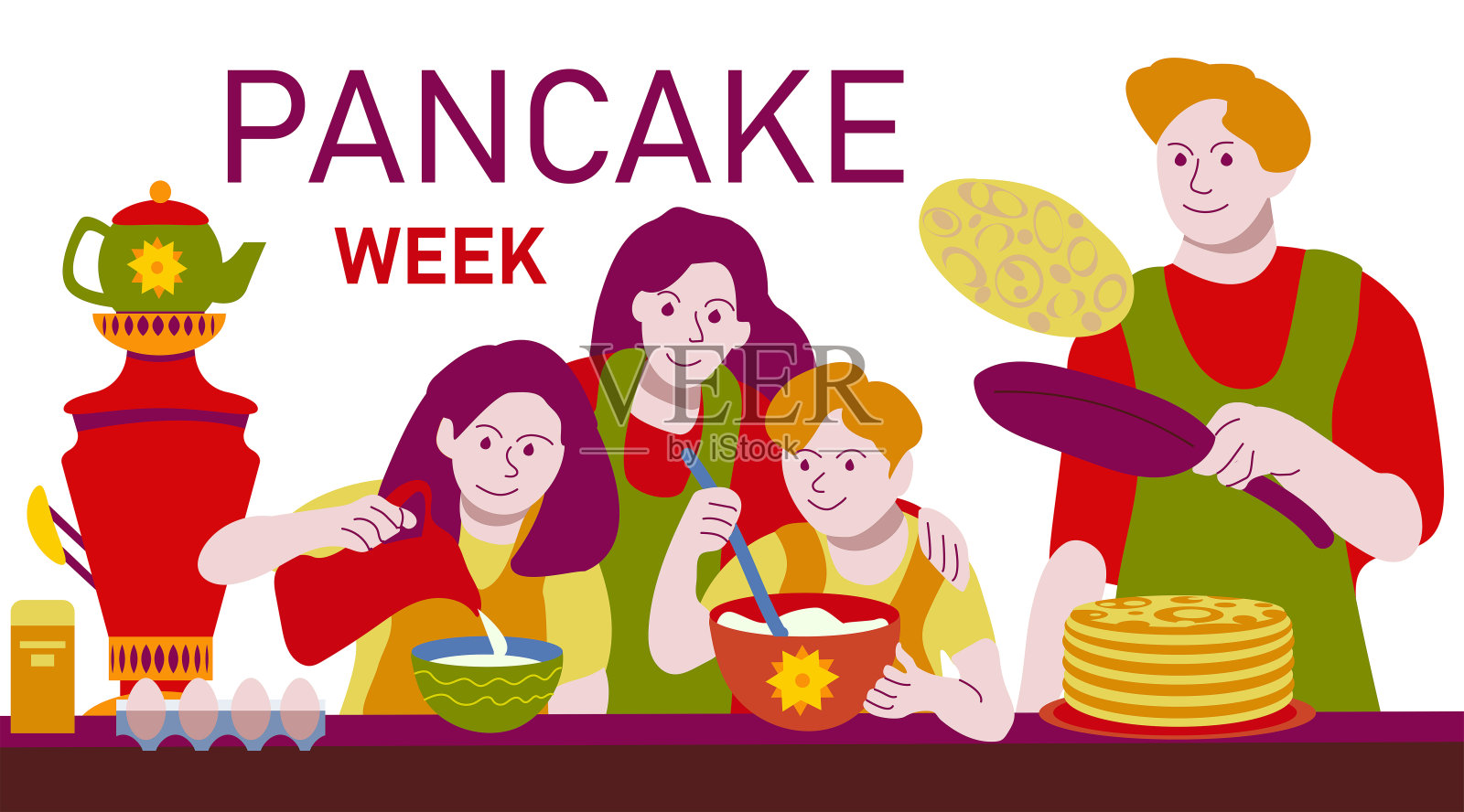Appy一家在做煎饼。煎饼的一天。假日旗帜。在白色背景上的平面卡通风格的插图。俄罗斯的Maslenitsa节日。插画图片素材