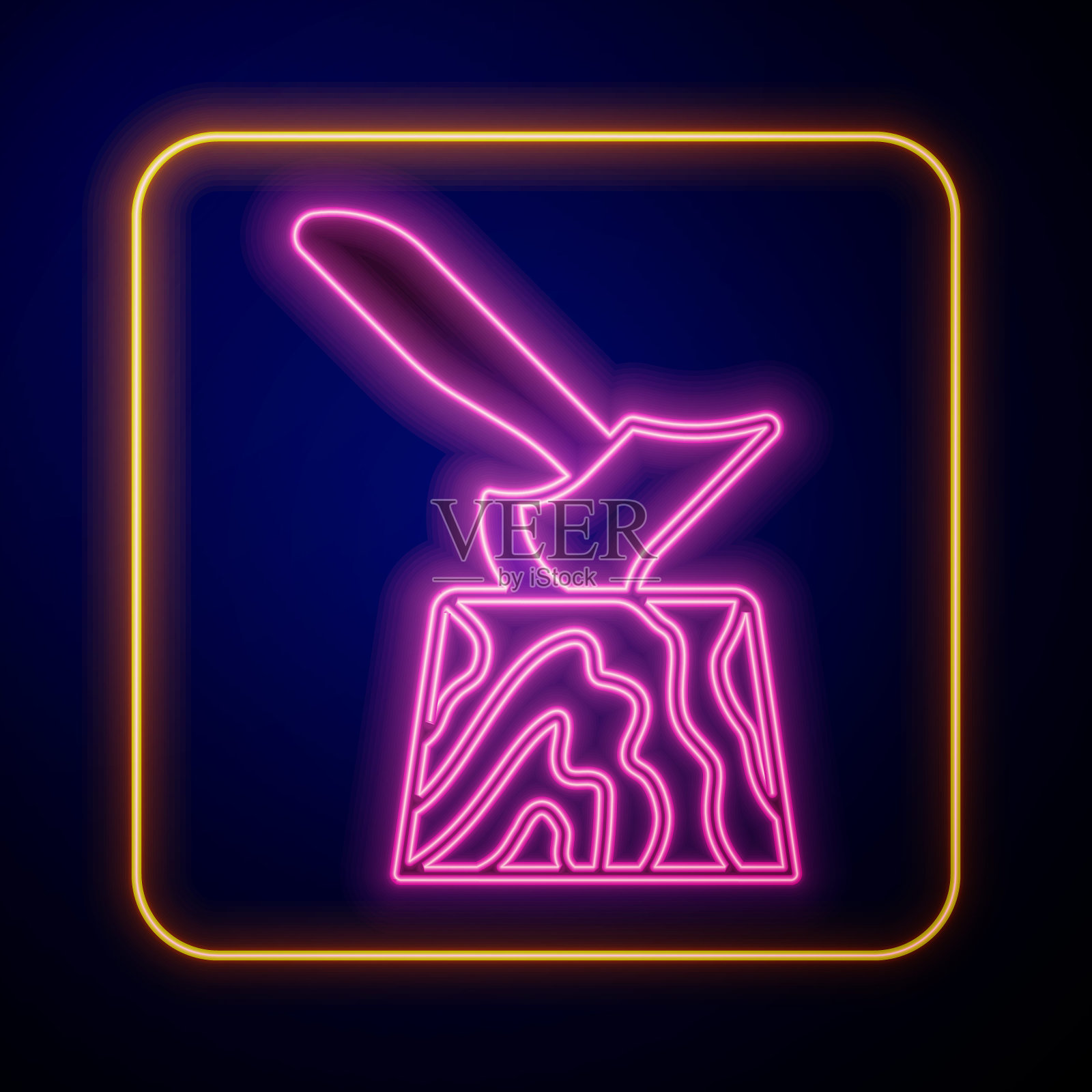 发光的霓虹灯木斧在树桩图标孤立在黑色背景。伐木工人斧头。斧头卡在木头里了。劈柴。向量插画图片素材