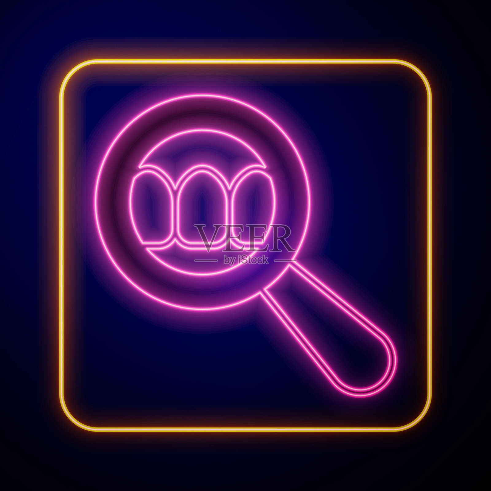 发光霓虹灯牙科搜索图标孤立在黑色背景。牙科诊所或牙医医疗中心的牙齿符号。向量插画图片素材