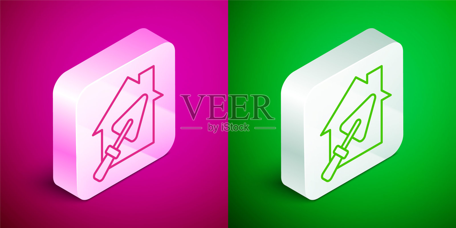 等距线房子或家与泥铲图标孤立在粉红色和绿色背景。调整、服务、设置、维护、修理、修理。银广场按钮。向量图标素材