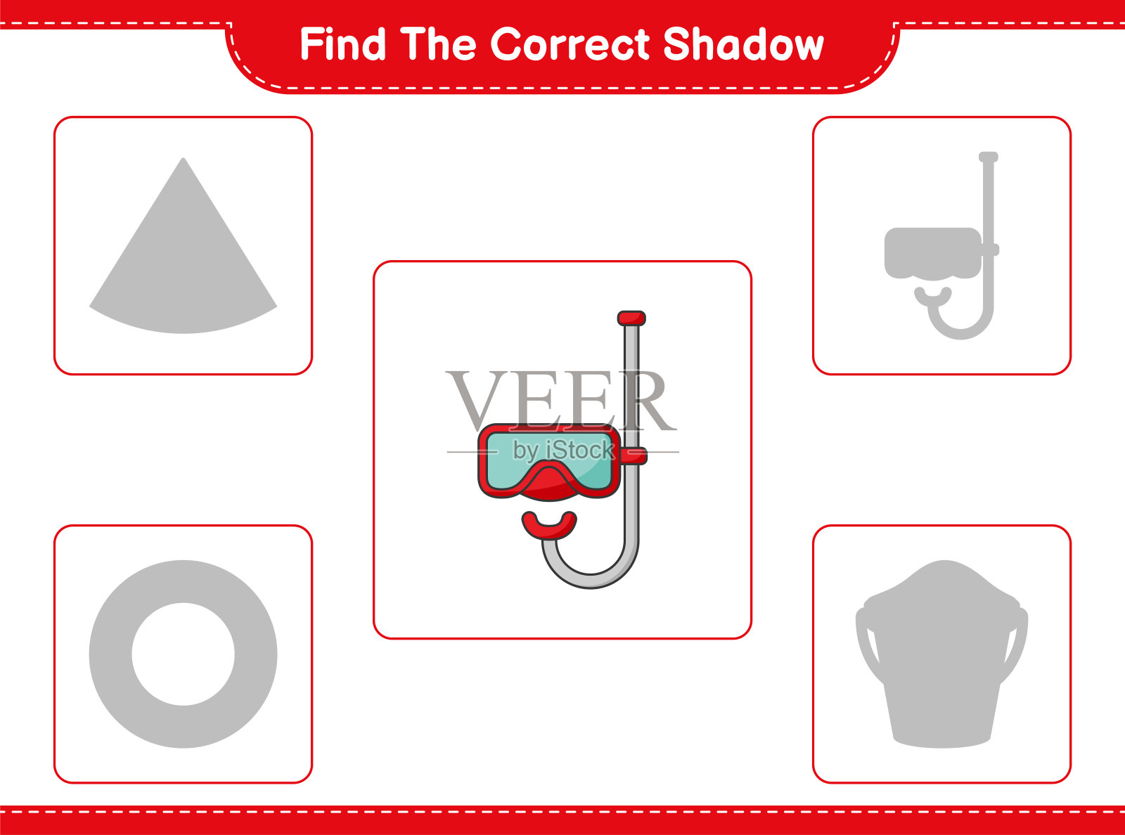找到正确的影子。找到并搭配合适的水肺潜水面罩阴影。教育儿童游戏，可打印的工作表，矢量插图插画图片素材