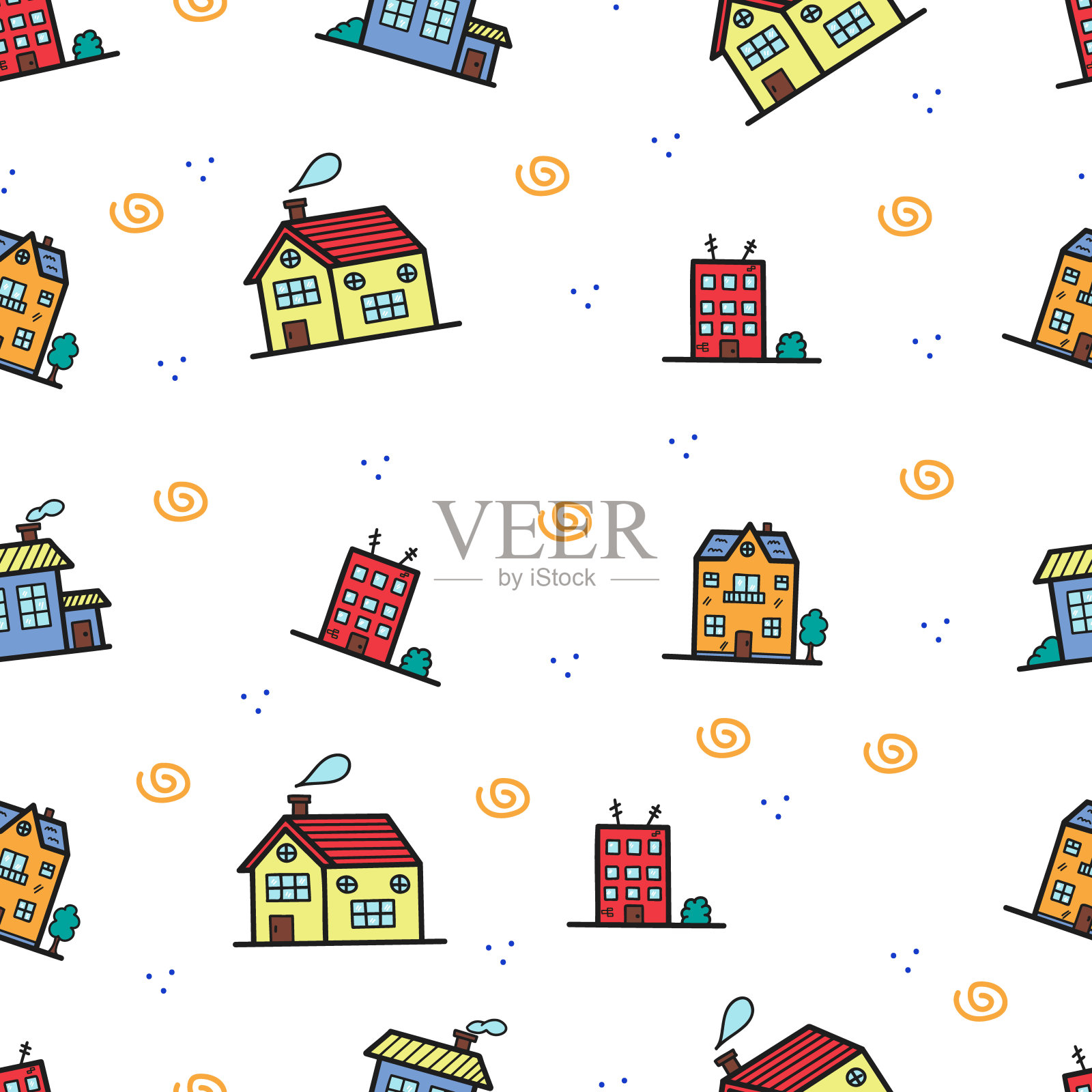 无缝图案可爱的房子手绘。包装和设计的纹理。插画图片素材