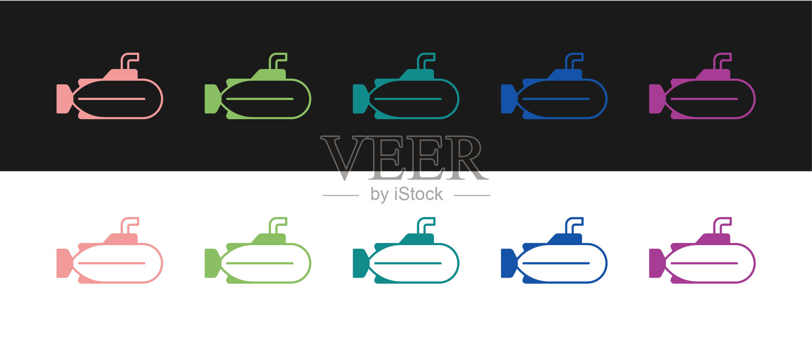 设置潜水艇图标孤立在黑白背景上。军事船舶。向量插画图片素材