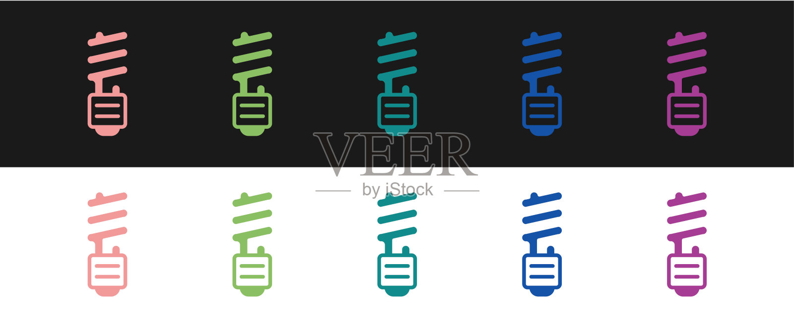 设置LED灯泡图标孤立在黑白背景上。经济型LED照明灯泡。节约能源灯。向量图标素材