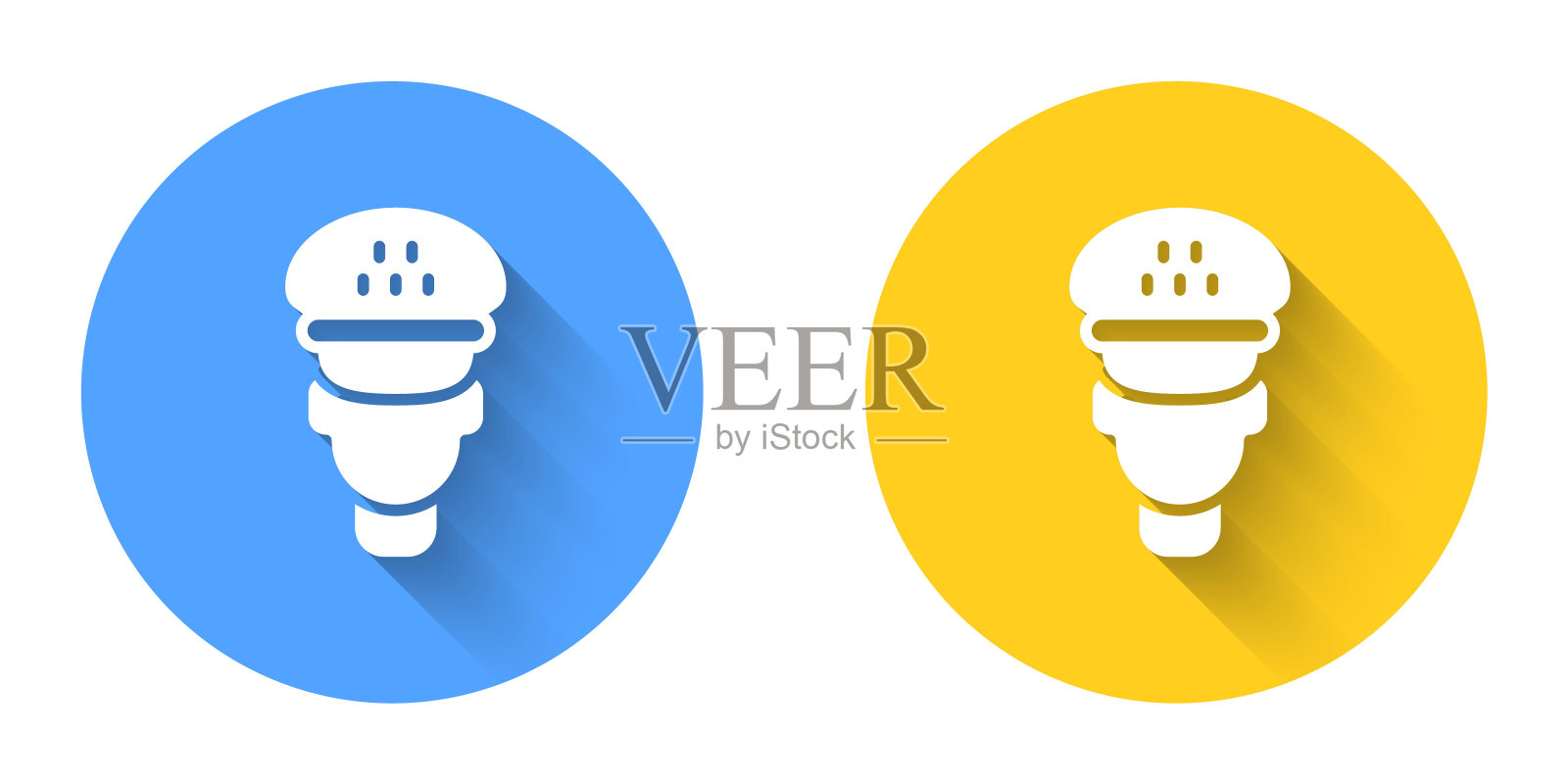 白色出租车司机图标孤立与长阴影背景。圆按钮。向量图标素材