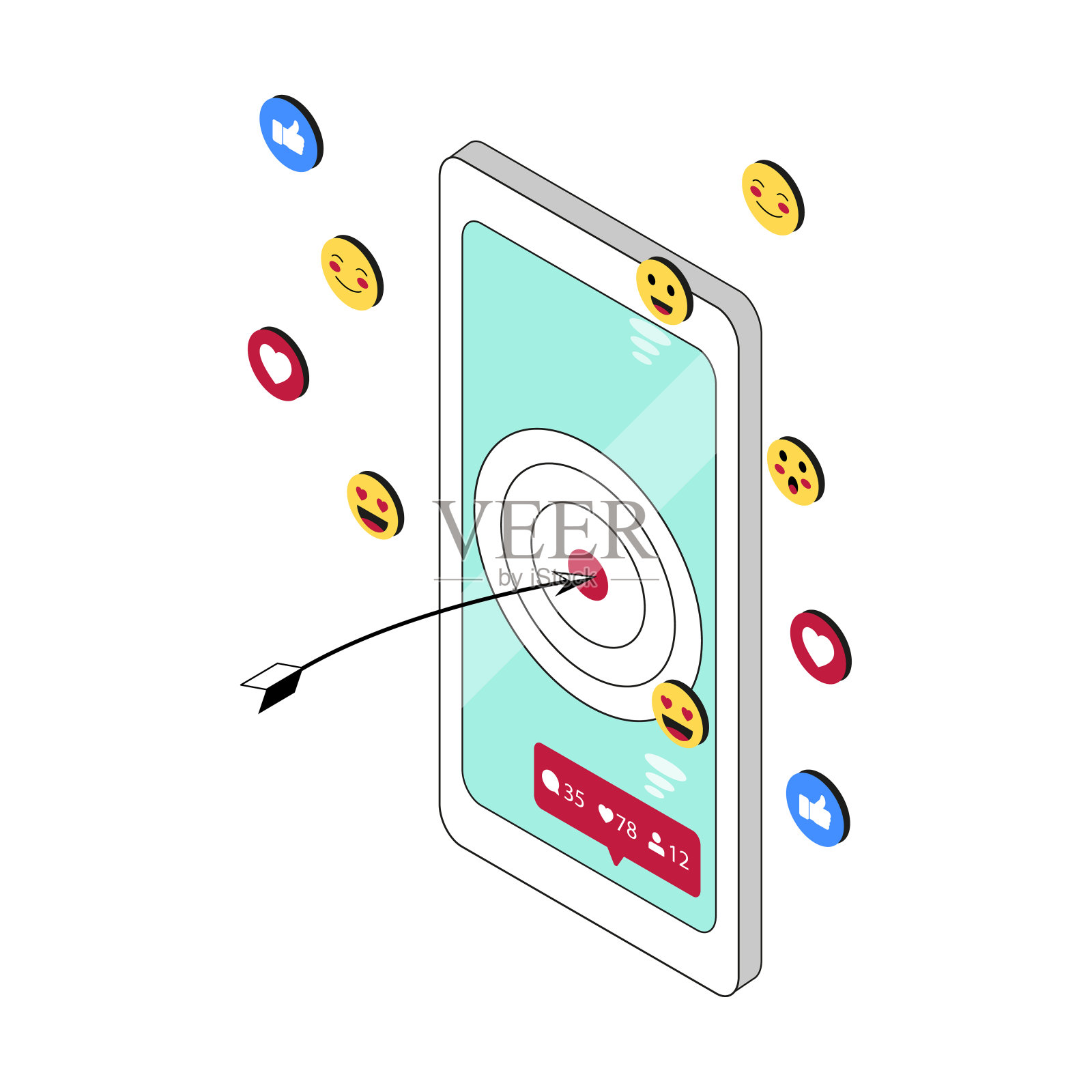 有目标和表情符号的手机。矢量图形。插画图片素材