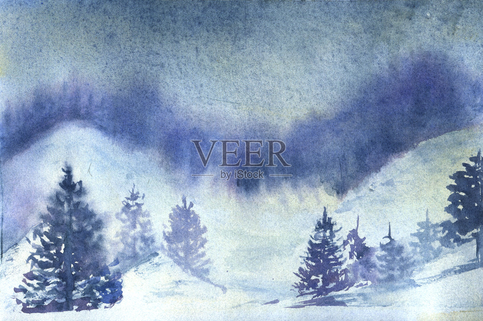 有雾蒙蒙的冬季森林和山脉。水彩插图。东方绘画插画图片素材