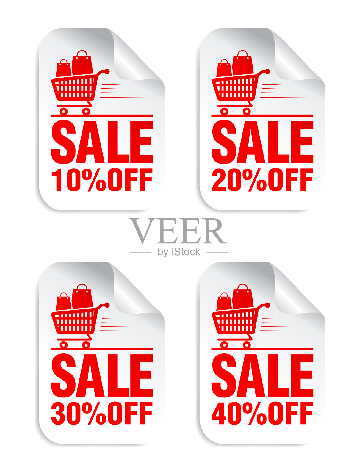 白色贴纸与红色文字设置销售，购物车与购物袋图标。降价10%，20%，30%，40%图标素材