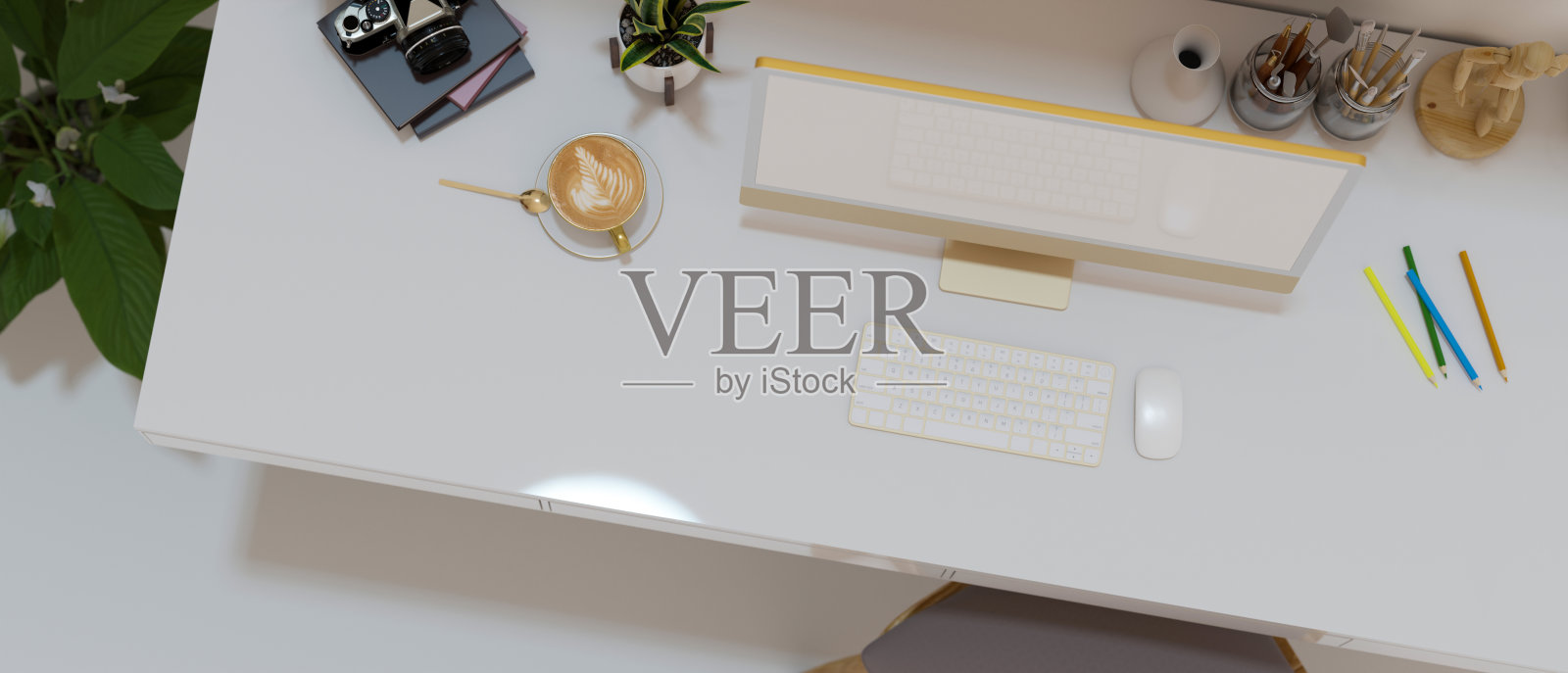 俯视图的一个现代的办公桌与pc桌面电脑照片摄影图片