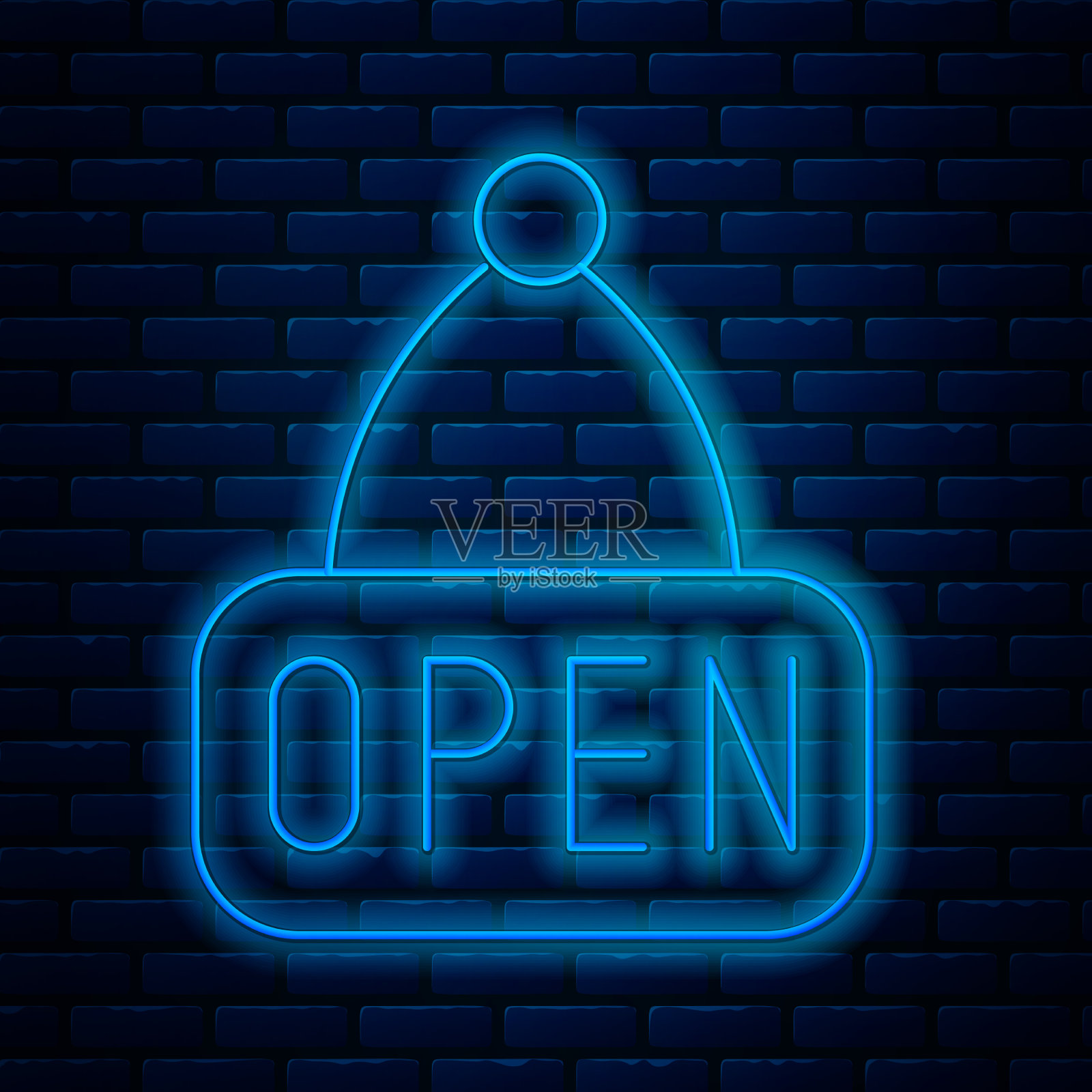 发光的霓虹灯线悬挂标志与文字开门插画图片素材