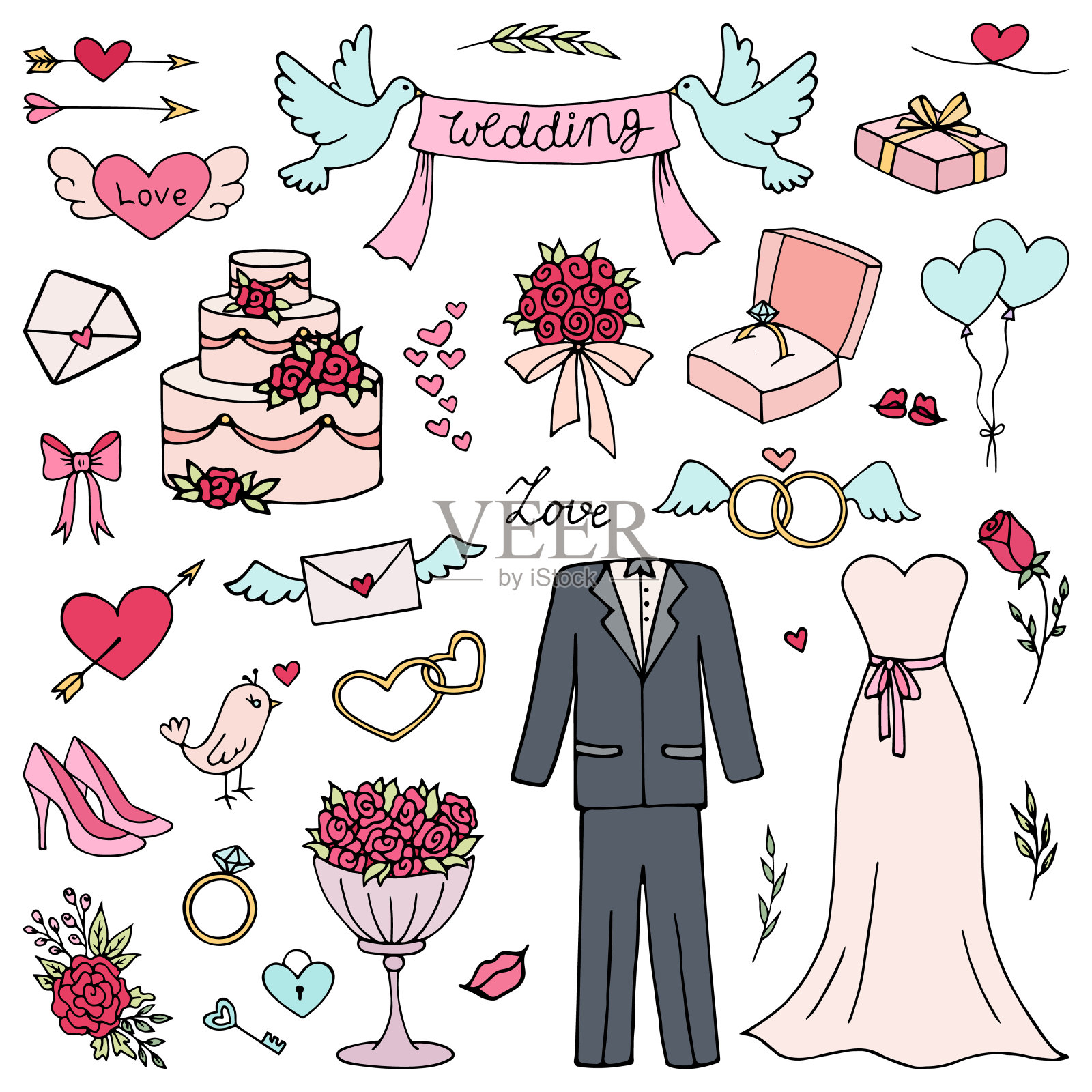 婚礼集合。矢量插图与手绘涂鸦。婚礼图标的草图。婚礼当天的一大组图标。插画图片素材