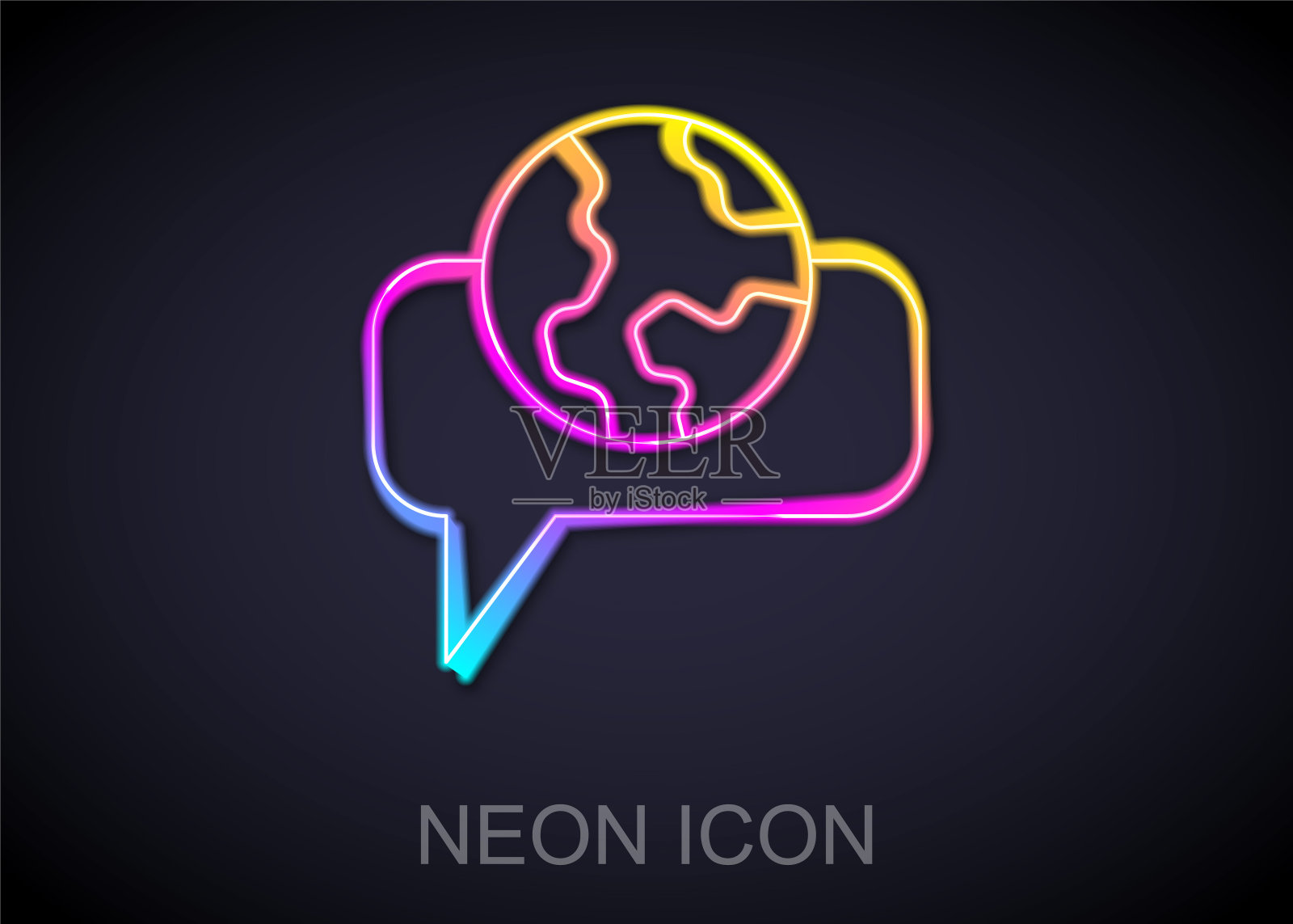 发光的霓虹灯线学习外语的图标孤立在黑色背景上。翻译、语言口译和沟通。向量图标素材