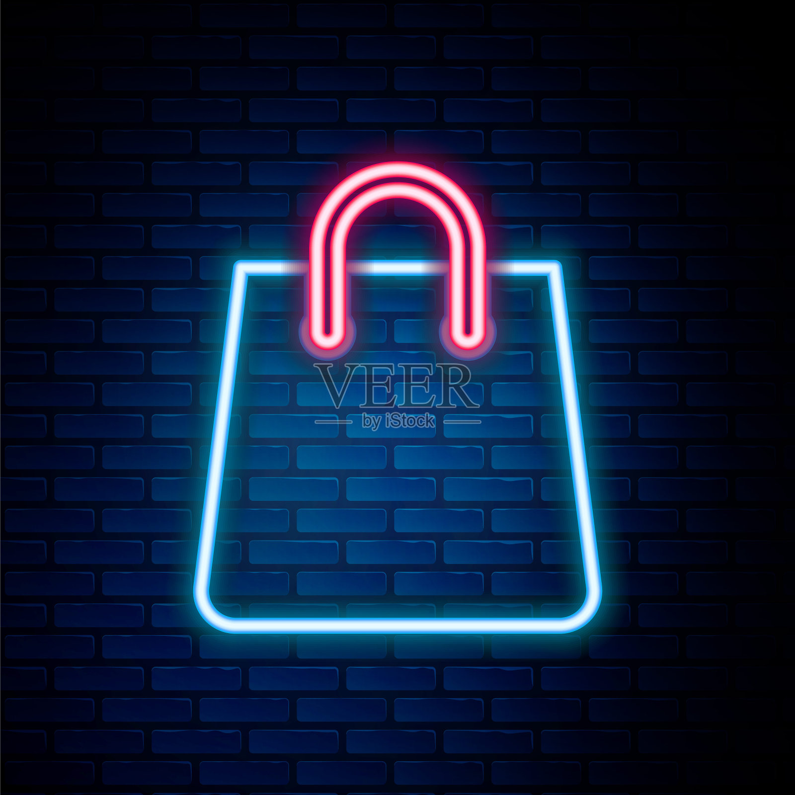 发光的霓虹灯线手袋图标孤立在砖墙背景。购物袋的迹象。女人包图标。女性手袋的迹象。魅力休闲的行李。色彩斑斓的轮廓的概念。向量插画图片素材