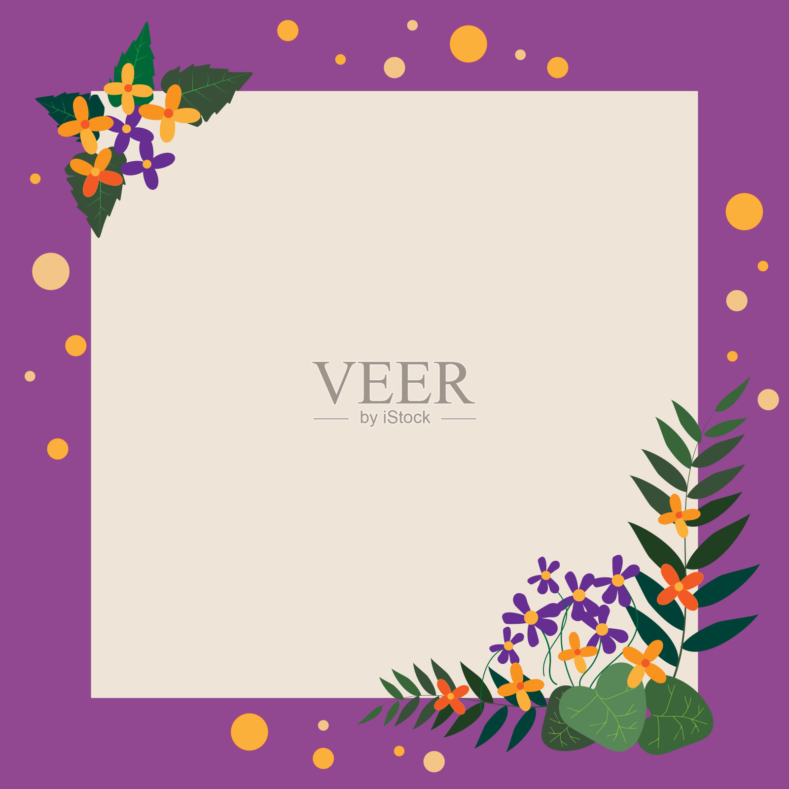 空白画框，彩花彩叶，排列和谐。空空如也的海报边框被五彩缤纷的花束包围，组织得很好。插画图片素材