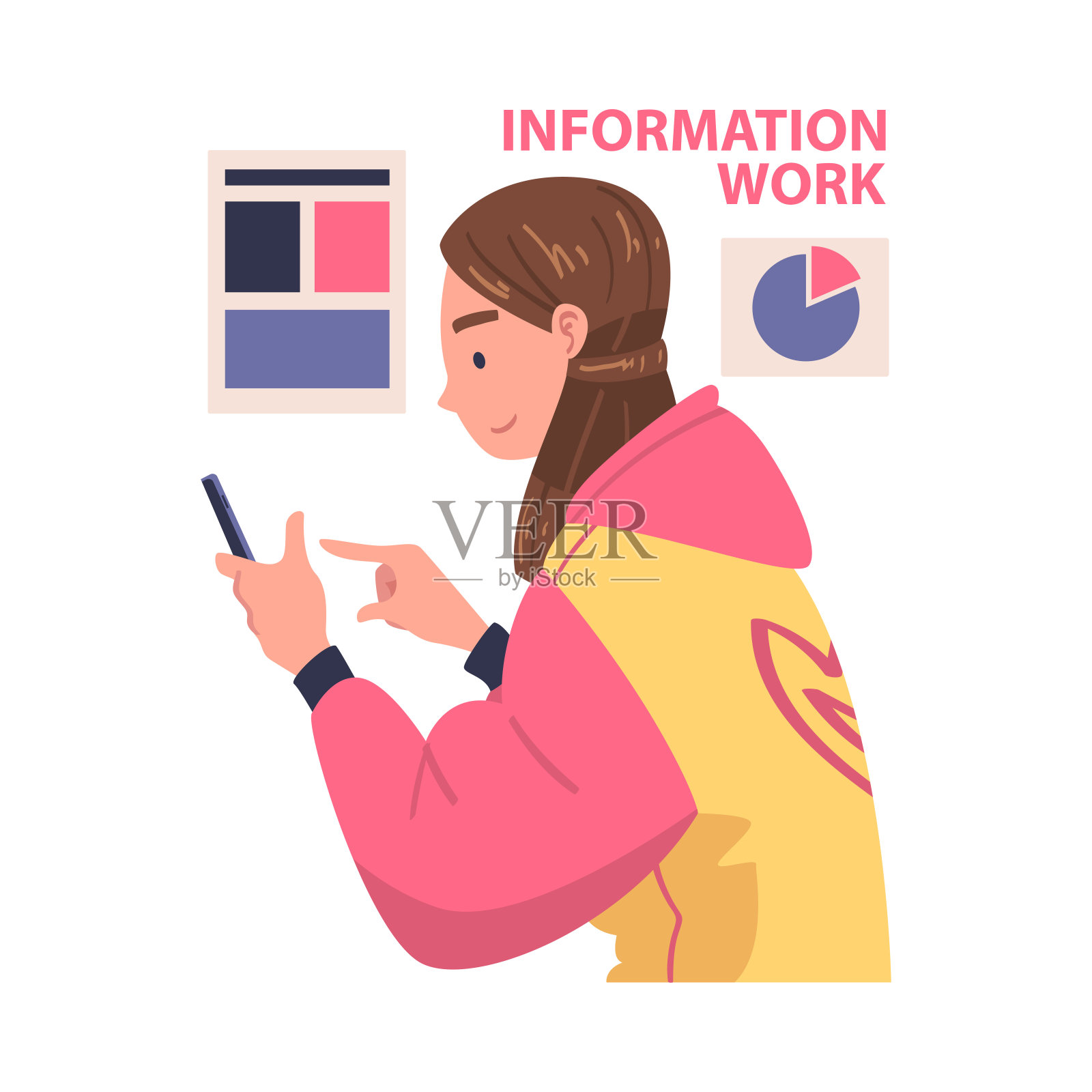 女性角色与智能手机工作与信息分析数据和浏览互联网矢量图插画图片素材