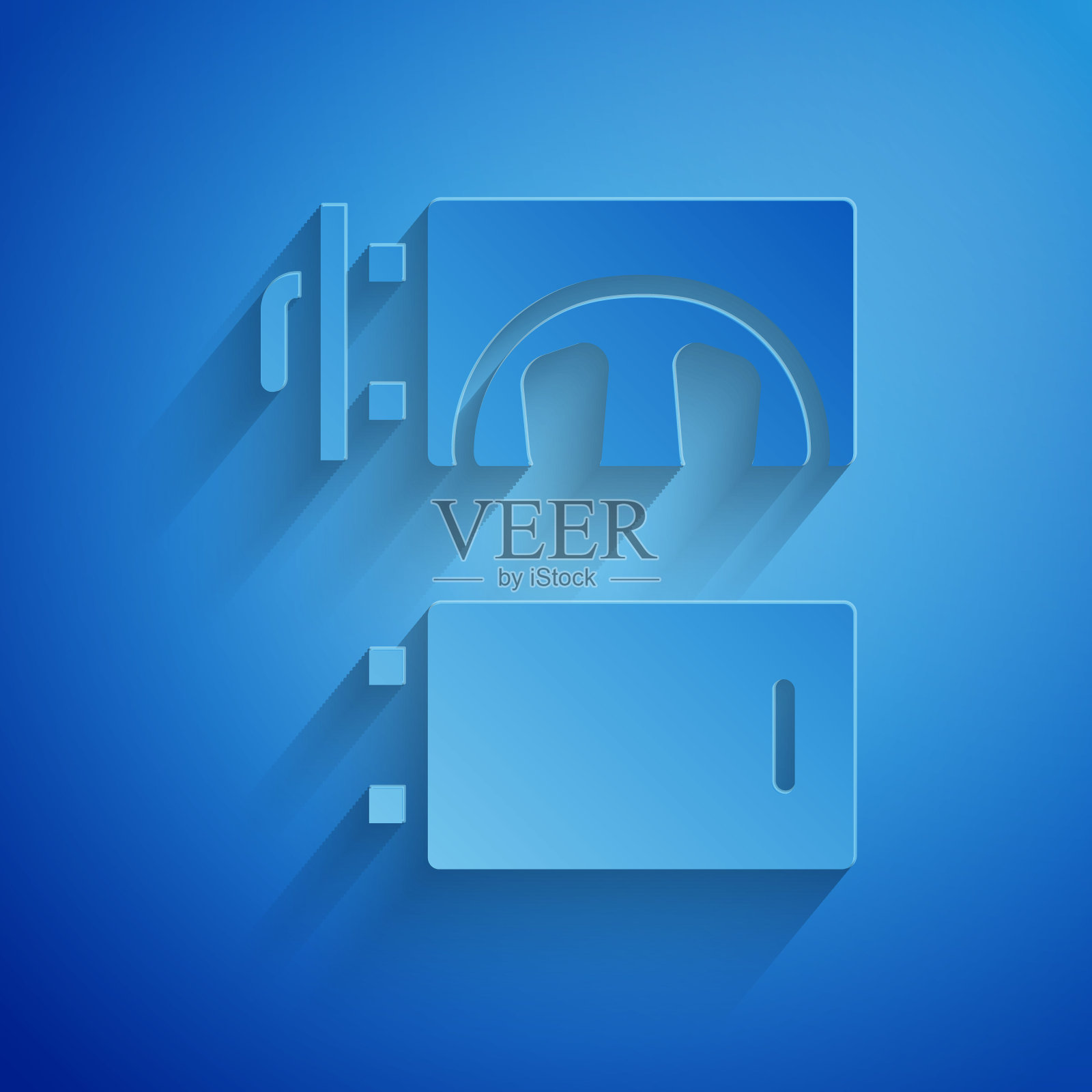 剪纸火葬场图标孤立在蓝色背景上。纸艺术风格。向量插画图片素材