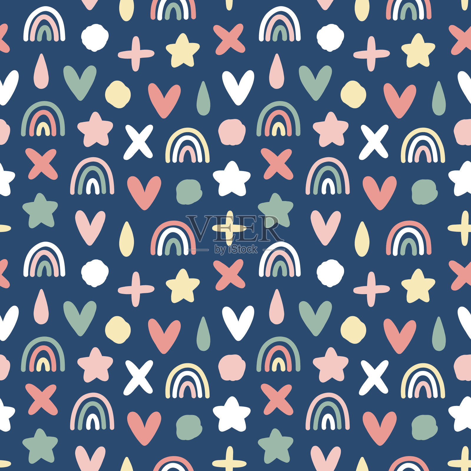 抽象幼稚向量无缝模式。手绘彩虹，星星，心和雨滴。简单的几何宝贝元素在蓝色。斯堪的纳维亚式育儿背景插画图片素材