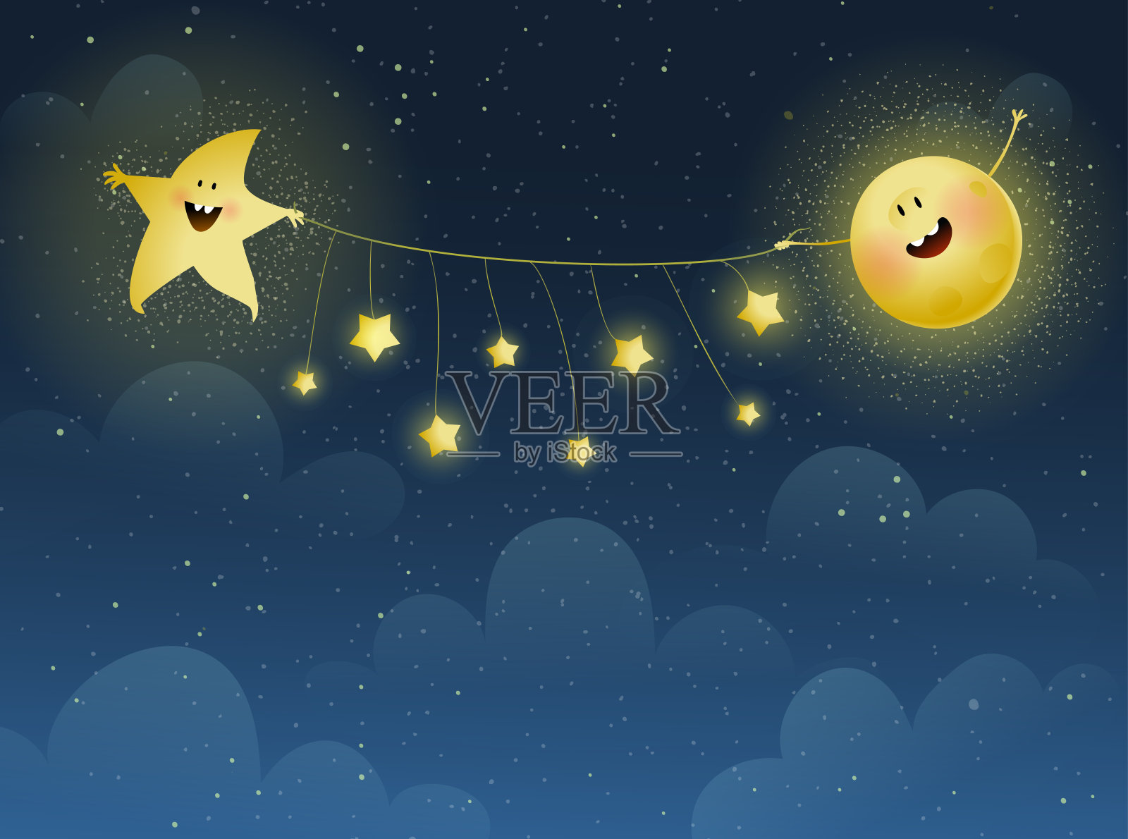 月亮和星星在宇宙中捧着星星的花环