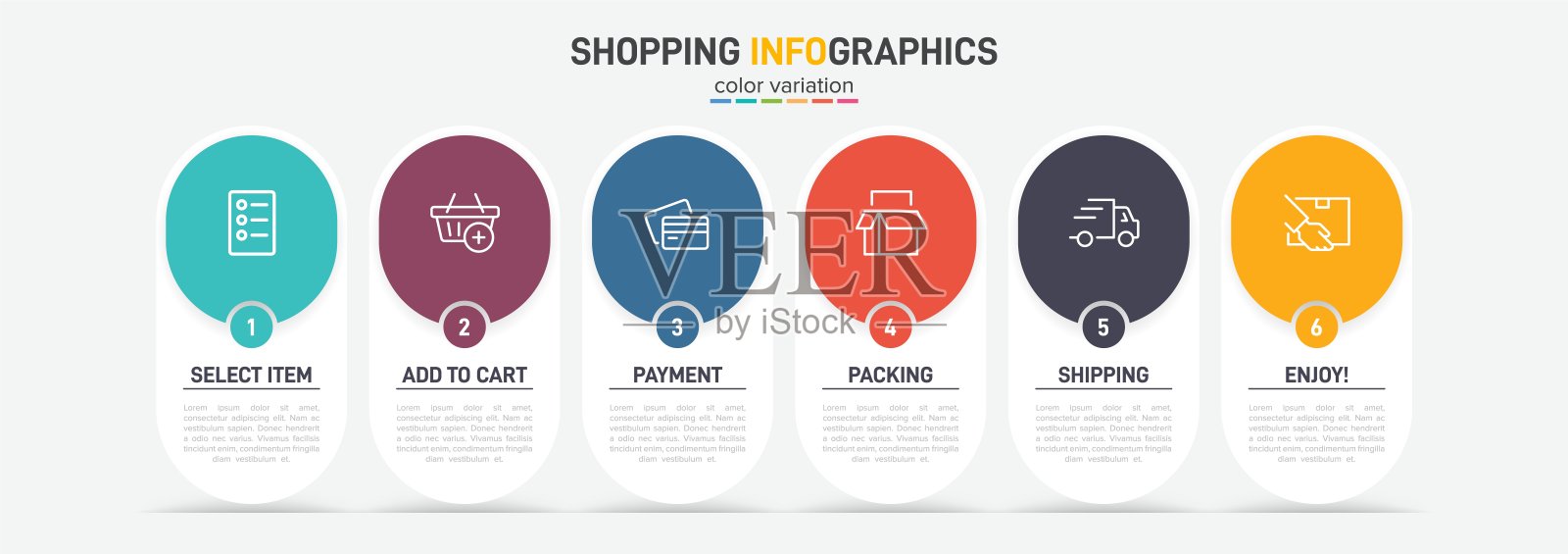 6个连续步骤的购物过程概念。六个彩色图形元素。时间表设计的小册子，介绍，网站。信息图表设计布局。插画图片素材