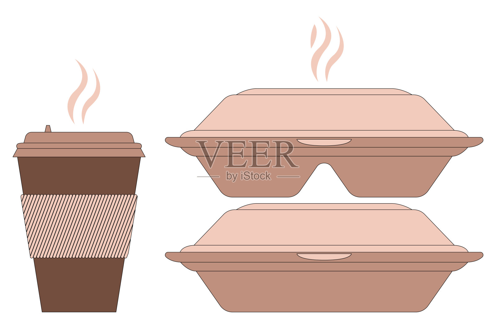 带盖的咖啡纸杯和两个装热食物的外卖容器插画图片素材