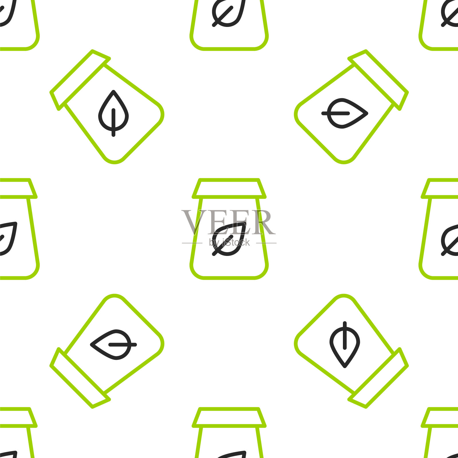 线茶包装图标孤立无缝图案上的白色背景。带茶的纸袋。向量插画图片素材