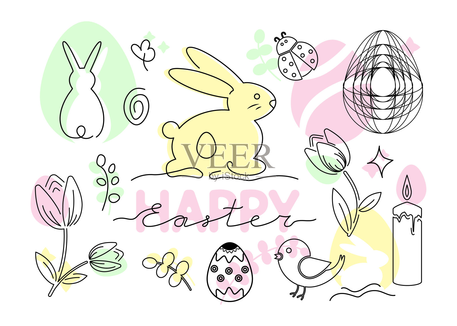 复活节快乐。集向量单线艺术。明信片附图兔子和鸡蛋剪影。春天大纲说明插画图片素材