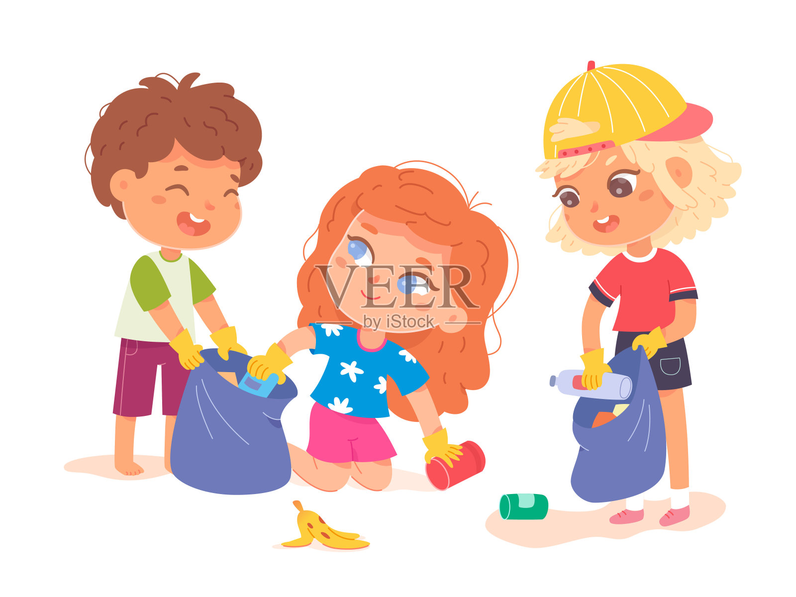 孩子们用袋子收集垃圾来清洁公园或街道，可爱的志愿者一起工作插画图片素材