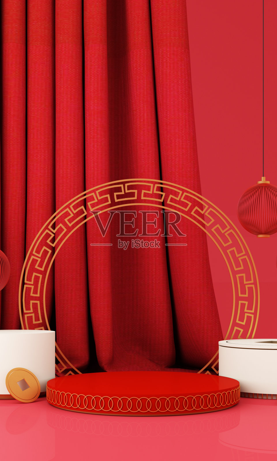 春节风格的红白领奖台产品展柜以黄金和礼品、彩灯、中国图案场景为背景。2022年虎年节日的传统节日概念。三维渲染照片摄影图片