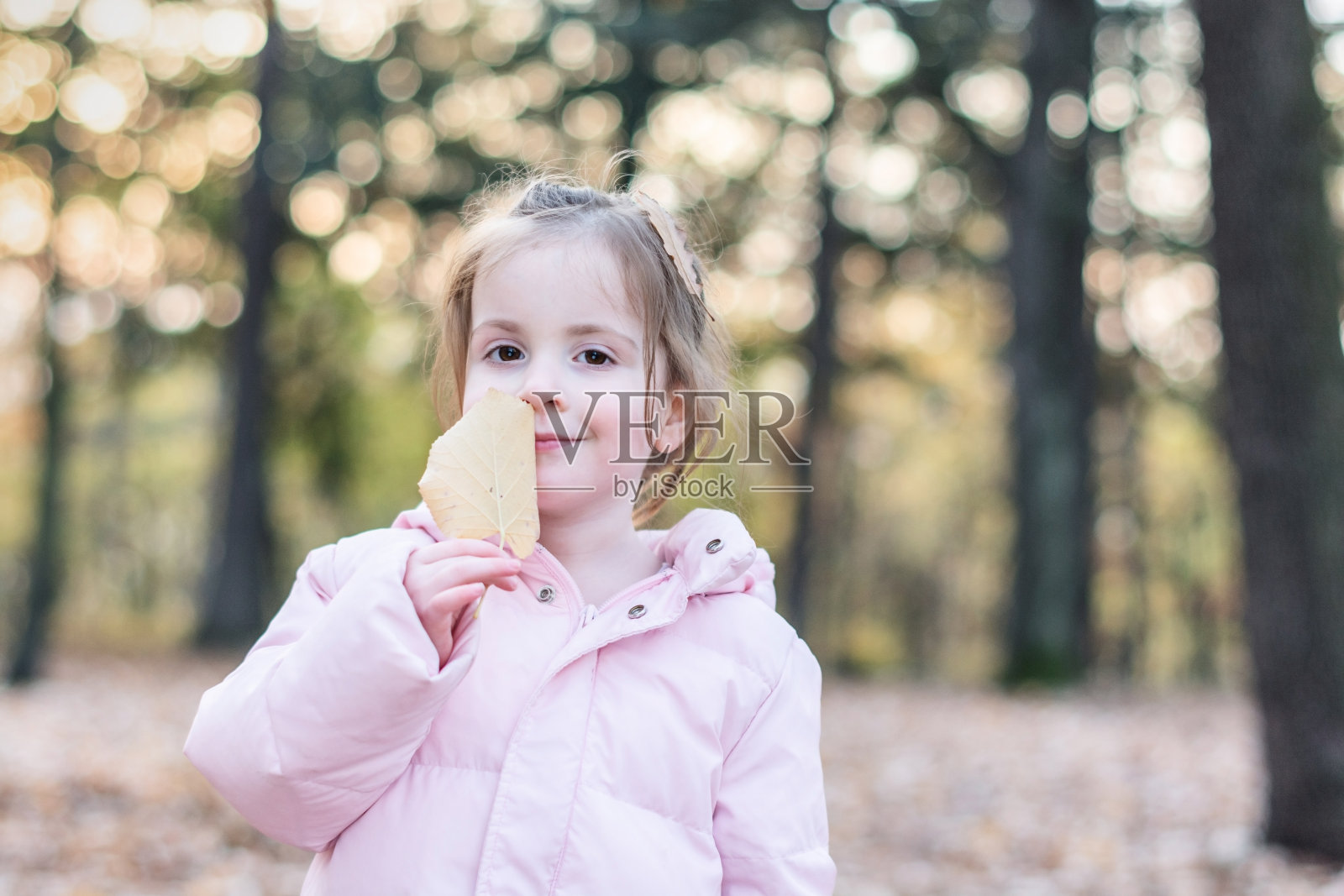 抱着秋叶的孩子照片摄影图片