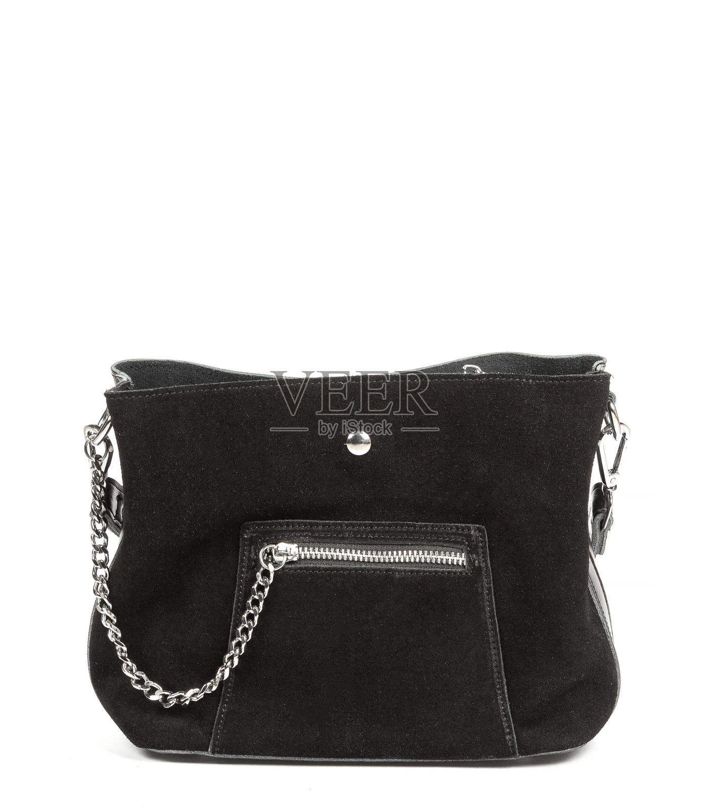 经典时尚黑色麂皮皮包在白色的背景上照片摄影图片