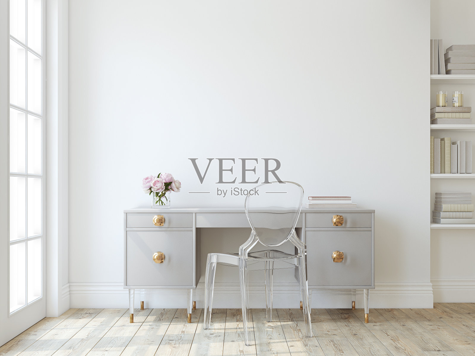 家庭办公室内部。3 d渲染。照片摄影图片