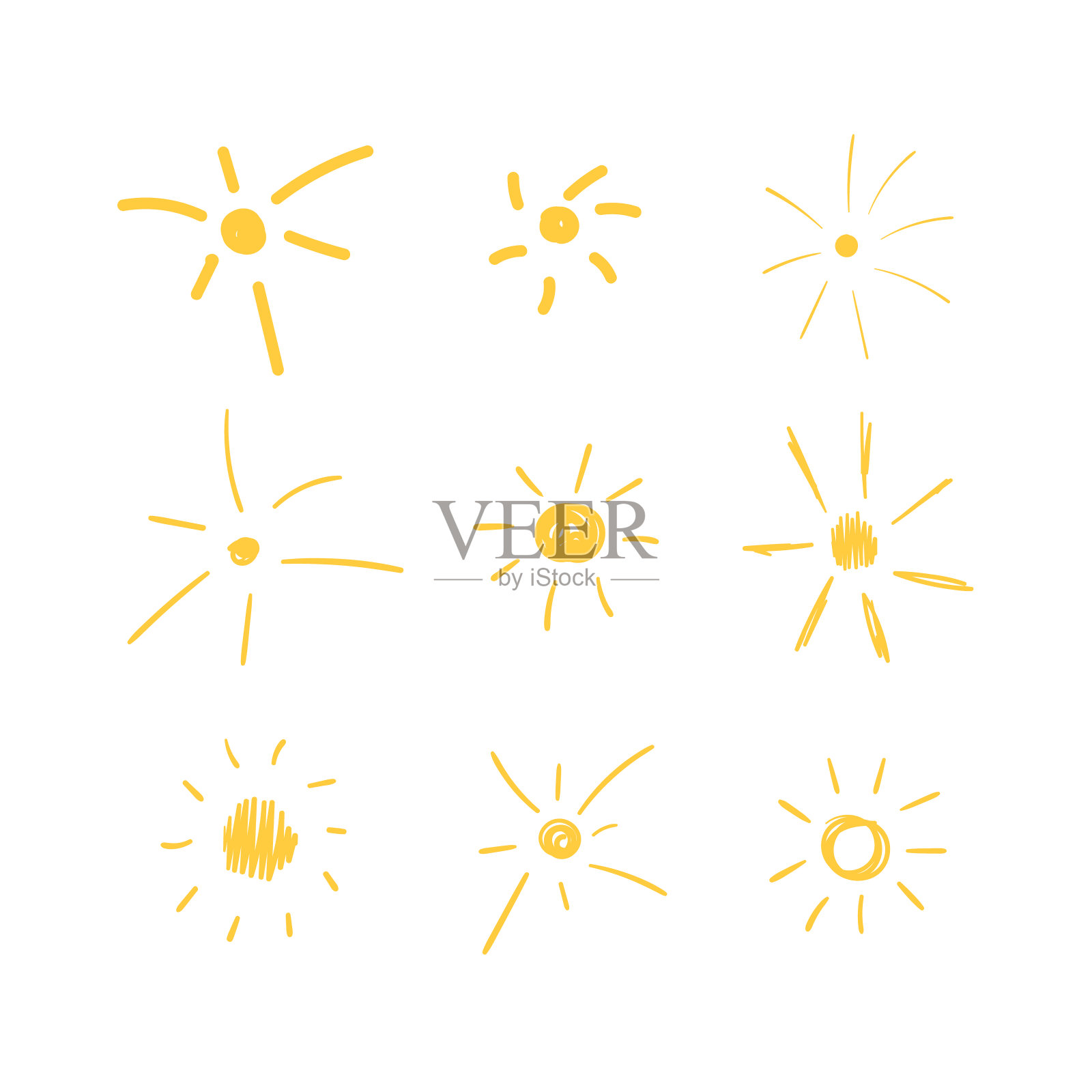 手绘太阳的向量集，涂鸦太阳图纸，素描风格插图，图标集孤立，明亮的黄色。插画图片素材