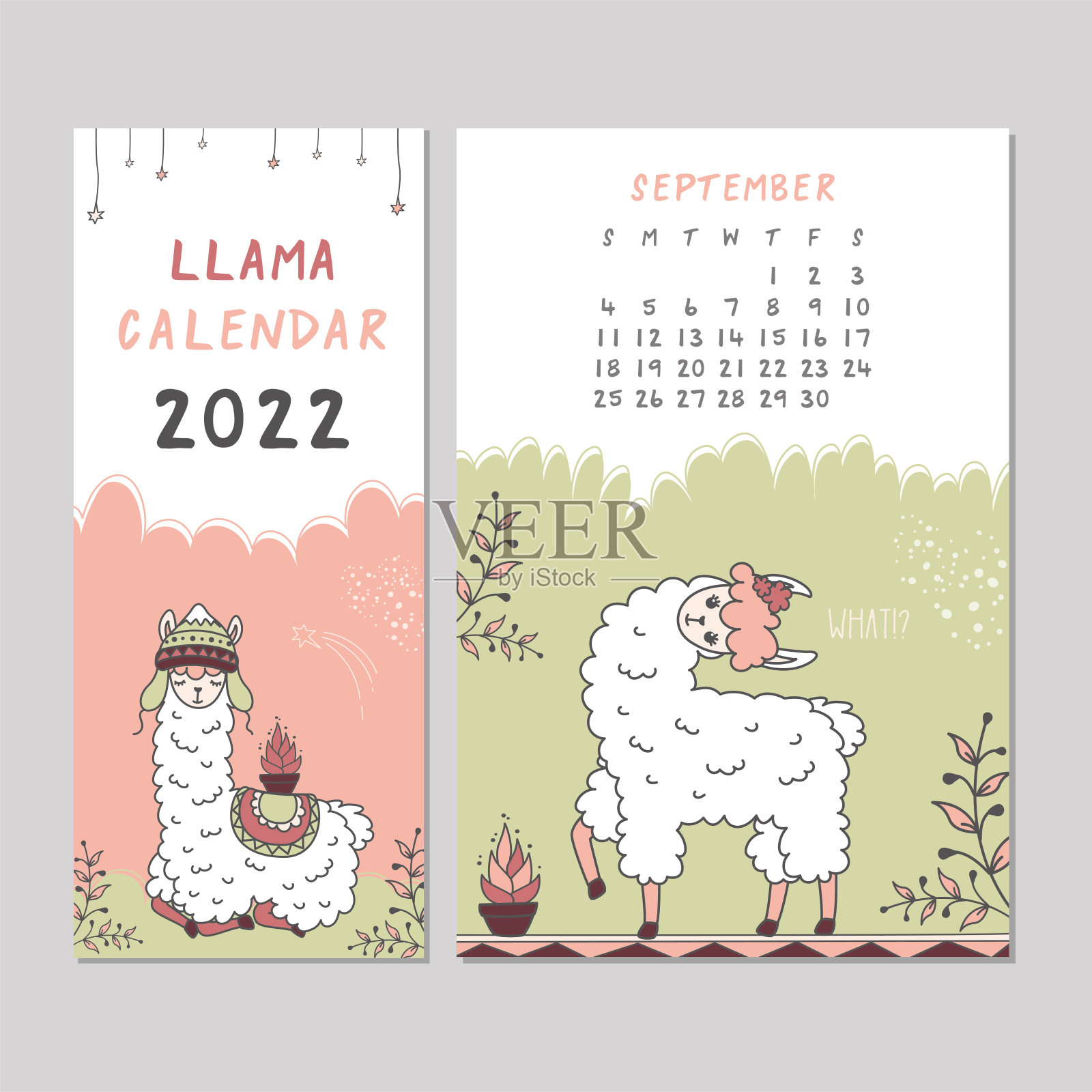 2022年，周日第一。9月。时间表模板与可爱的骆驼。新的2022年日历，羊驼卡通人物。斯堪的纳维亚风格的有趣动物。设计模板素材