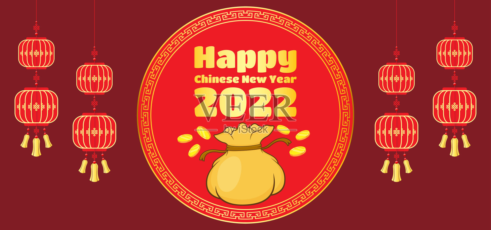 春节贺卡。以灯笼、金框、金币为春节背景。矢量图插画图片素材