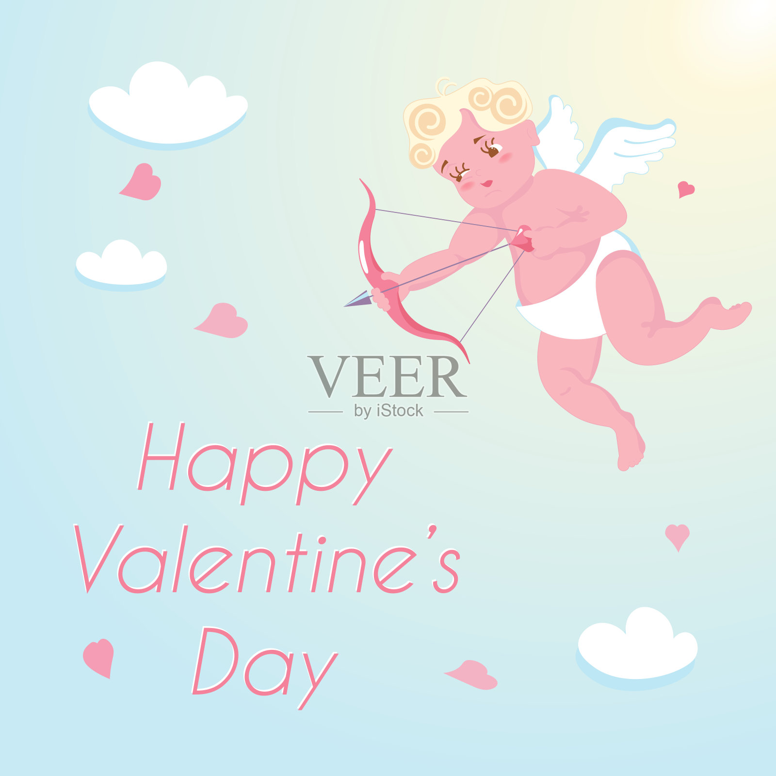 可爱的宝贝丘比特孤立在蓝天的背景上。插画图片素材