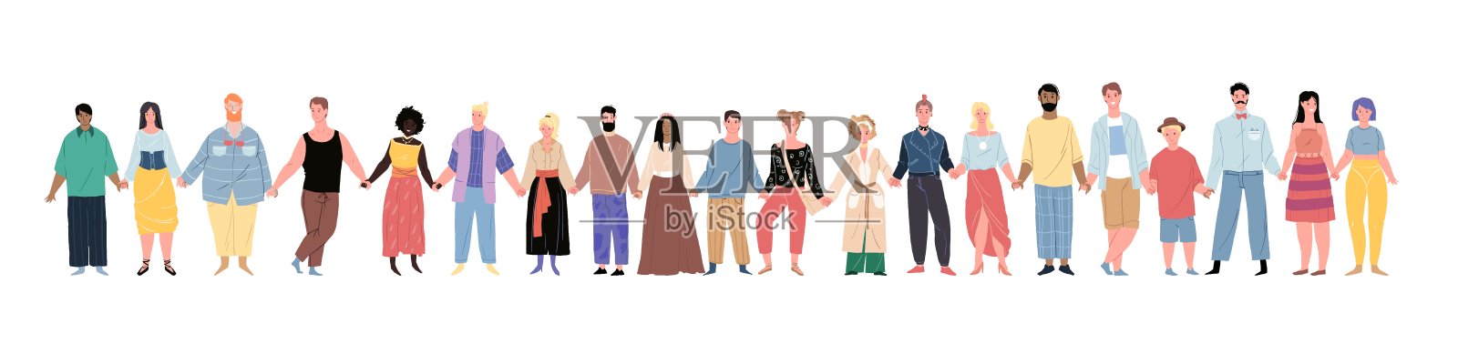 平面卡通快乐人物牵手平等、多样性、国际友谊和团结矢量插图设计元素图片