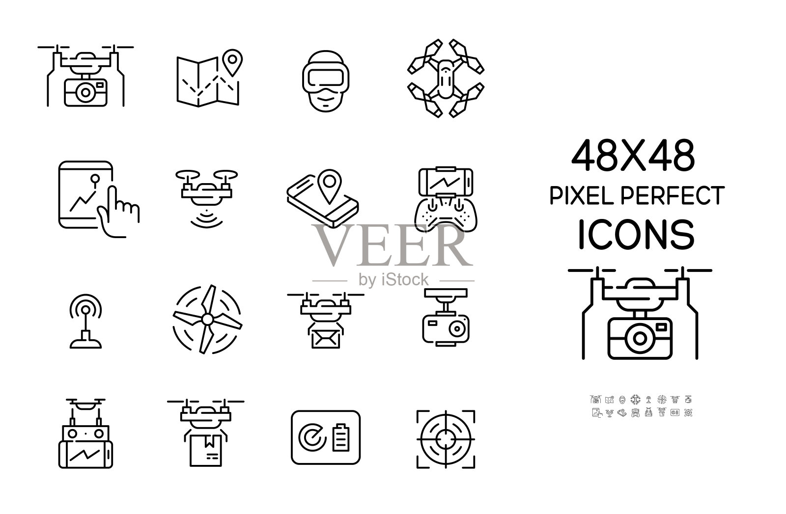 无人机相关图标集。摄像机安装，控制器，前视图和顶视图。像素完美，可编辑的笔画48x48图标图标素材