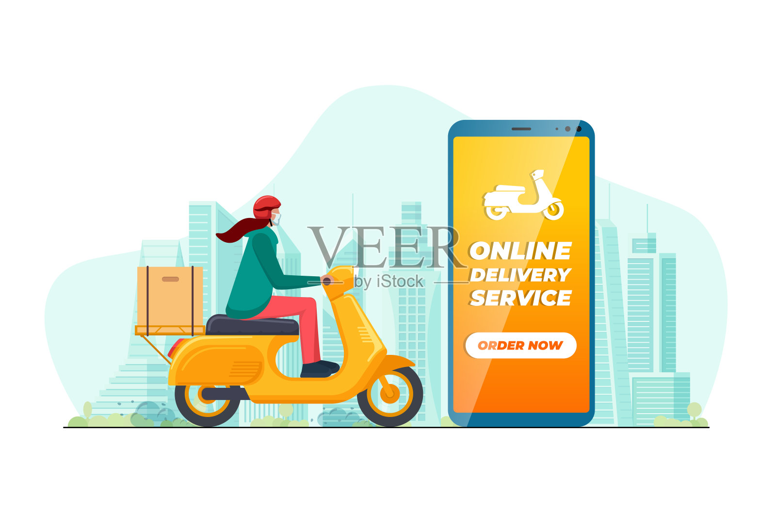 安全的非接触式配送服务应用概念。女快递员戴着摩托车头盔，骑着摩托车助动车送包裹。在线订购移动应用程序的城市景观和定位针。每股收益插画图片素材