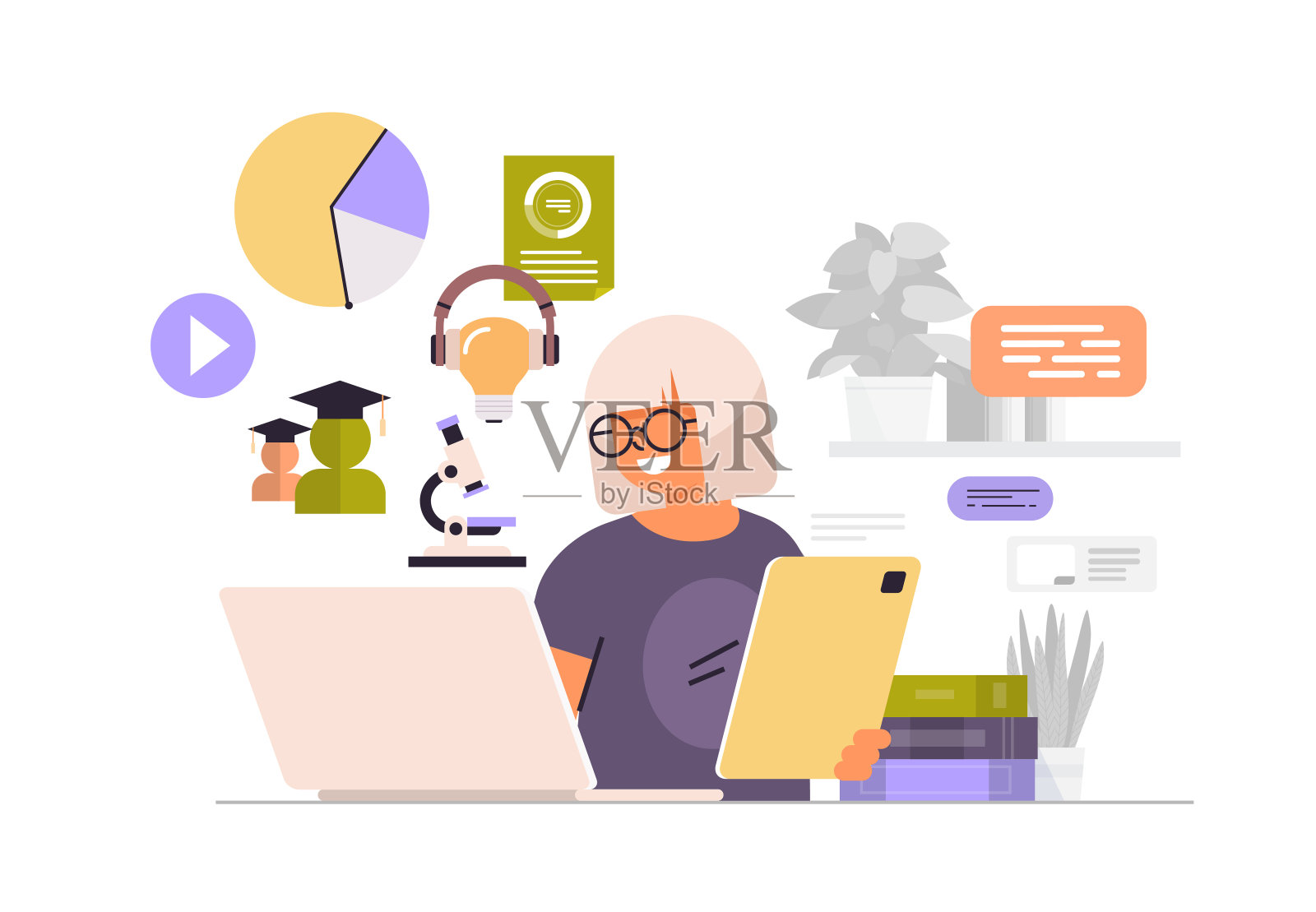 女商人坐在工作场所，女商人使用笔记本电脑社交媒体网络在线沟通的概念插画图片素材