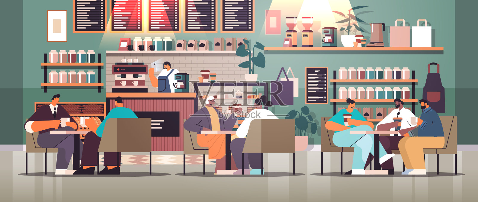混合种族商务人士坐在咖啡桌和喝咖啡期间会见现代餐厅内部插画图片素材